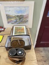 Vintage mesh purses, pair of binoculars by George Wilson, London, four small John Degnan etchings,