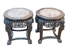 Pair Oriental carved hardwood and marble inset top jardiniere stands, 47cm by 39cm by 39cm.