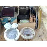 Collection of stamps, ceiling light shades, tins, costume jewellery, prints, etc.
