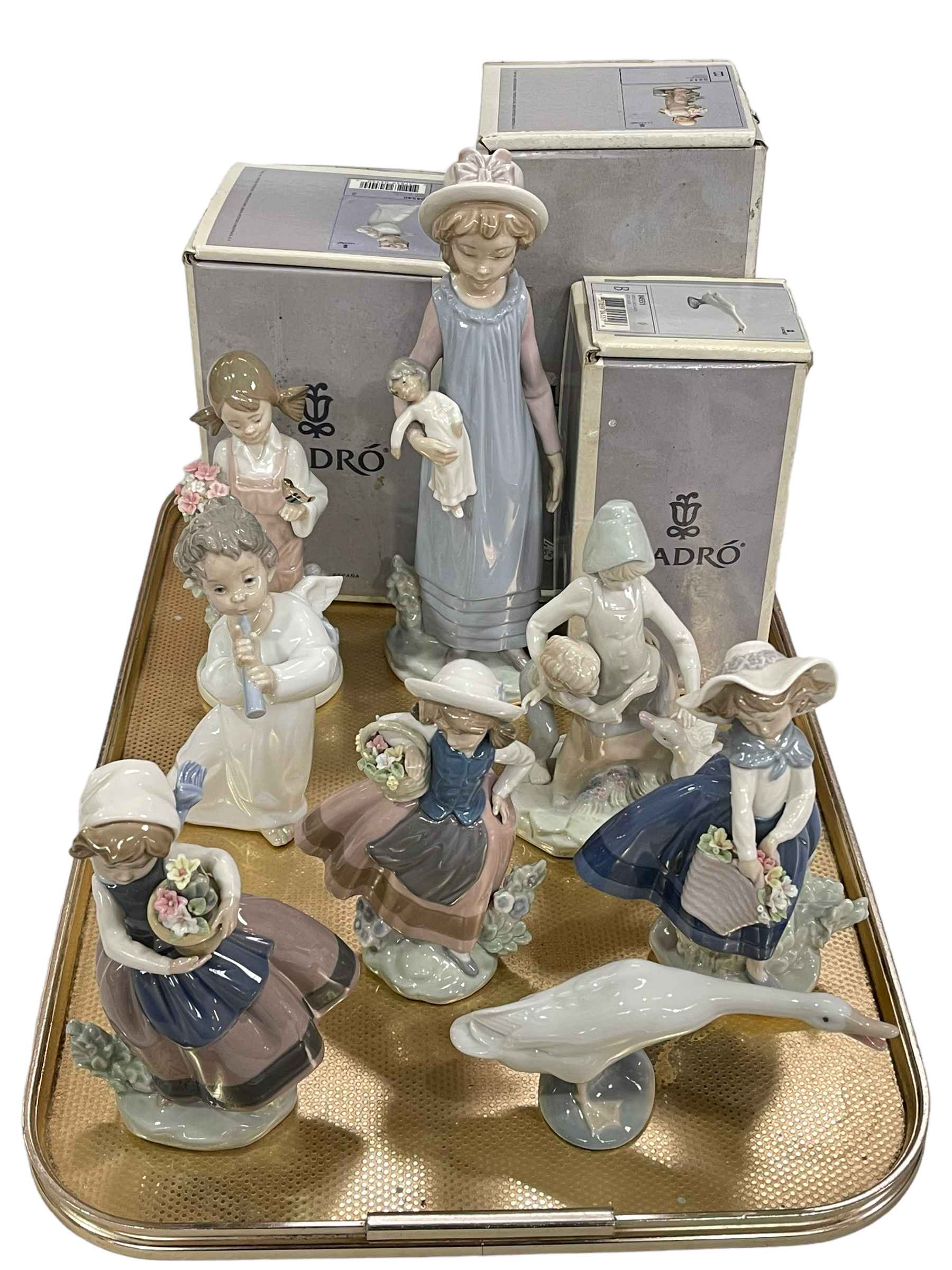 Seven Lladro figures and Goose including Pretty Pickings, Belinda with Doll,