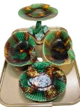 Wedgwood Majolica tazza with fish triform base, two shell shaped dishes and plate.