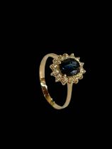 Sapphire and diamond yellow gold ring, size T.