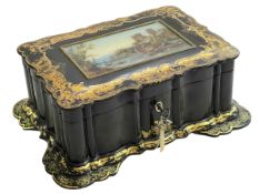 Victorian papier mache sewing box with mother of pearl fittings and the lid with Durham Cathedral