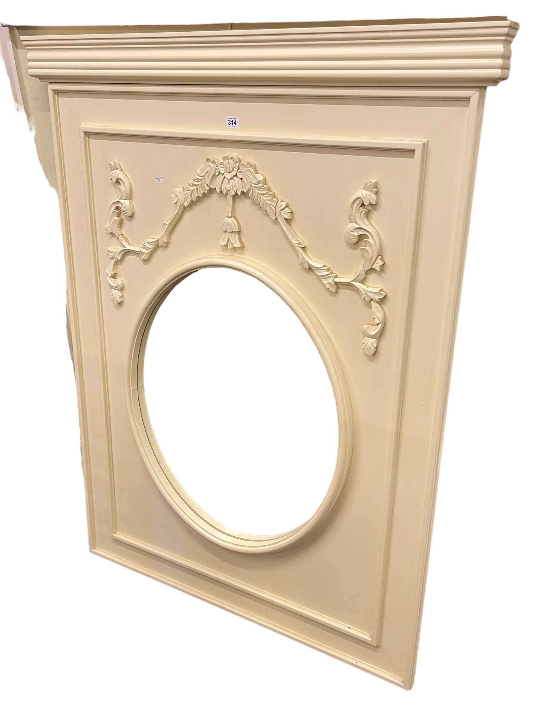 Contemporary painted overmantel with circular inset mirror, 139cm by 107.5cm.