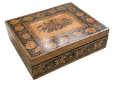 Tunbridge Ware lidded box with manufacturers label to base, 27cm by 22cm by 8cm.