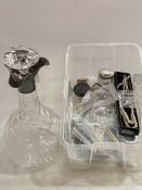 Silver mounted vine engraved decanter, pill boxes and jewellery.