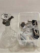 Silver mounted vine engraved decanter, pill boxes and jewellery.