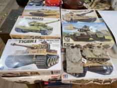 Collection of tank model kits including Tamiya.