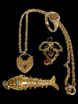 9 carat gold chain link necklace, 9 carat gold ring, pendant and fish pendant (4).
