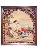 19th Century mahogany framed needlework depicting mother and children, 80cm by 75cm,