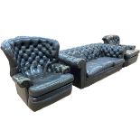 Green deep buttoned leather three piece Chesterfield suite comprising three seater settee,