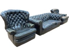 Green deep buttoned leather three piece Chesterfield suite comprising three seater settee,