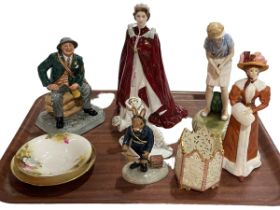 Royal Worcester QEII 2006 figure, two Royal Doulton figures, Worcester pierced vase, etc.