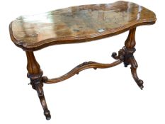 Victorian walnut rectangular shaped top side table on pedestal ends joined by curved stretcher,
