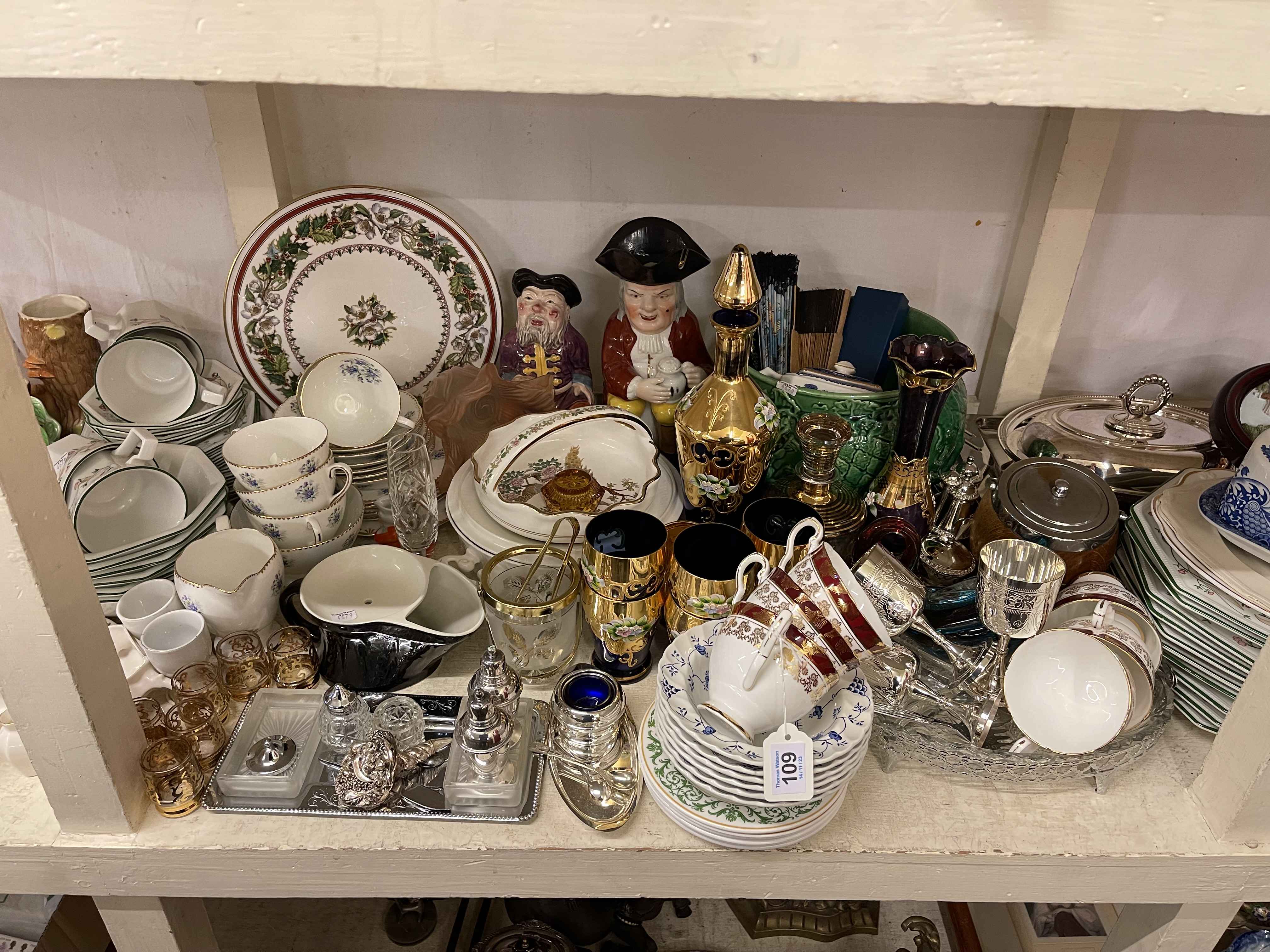 Full shelf of china tea and dinnerware, two toby jugs, glass, metalwares, barometers, wall clock, - Image 2 of 4