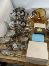 Collection of silver plated wares including teapots, amber glass bowl, boxed porcelain, etc.