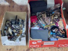 Two boxes of costume jewellery and wristwatches.