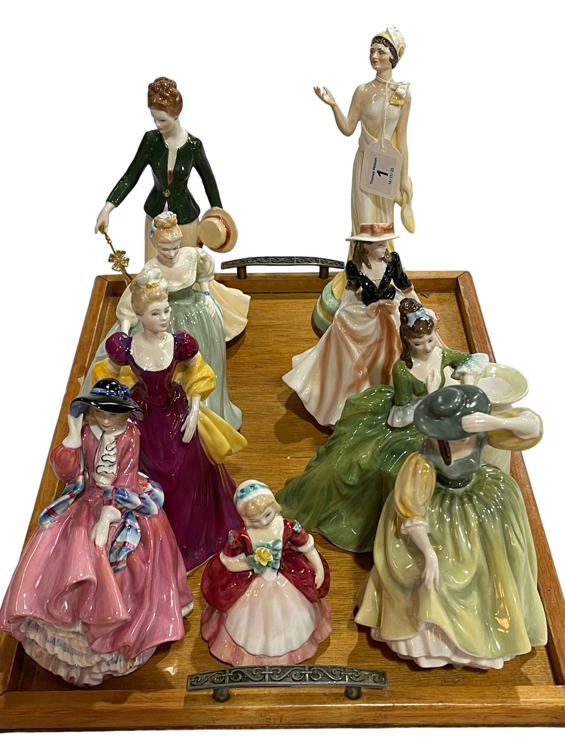 Six Royal Doulton figures, two Royal Worcester and one Peggy Davies (9).