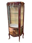 Continental brass mounted bow front vitrine with Vernis Martin style panels, 159cm by 70cm by 40cm.