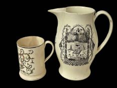 Early 19th Century Masonic creamware tankard for Mr Jos Winter, New Elvet, and large Masonic jug,
