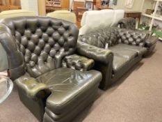 Green deep buttoned leather three piece Chesterfield suite comprising three seater settee,