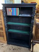 Victorian carved oak open bookcase with three adjustable shelves, 132cm by 84cm by 33cm.