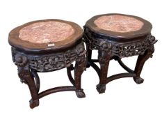 Pair Oriental carved hardwood and marble inset top jardiniere stands, 47cm by 39cm by 39cm.