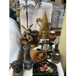 Brass jug, candelabra, papier maché wall pocket and wall mirror, tobacco jar, etc.