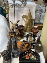 Brass jug, candelabra, papier maché wall pocket and wall mirror, tobacco jar, etc.