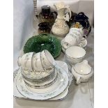 Belleek jug, Linthorpe style three piece tea set, Gouda jug, Wedgwood tea set, etc.