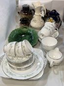 Belleek jug, Linthorpe style three piece tea set, Gouda jug, Wedgwood tea set, etc.