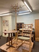 Rush seated ladder back rocking chair, octagonal oak occasional table,