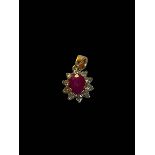 18 carat gold, ruby and diamond cluster pendant, the central oval ruby 0.