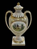 Spode limited edition lidded urn vase decorated with windmill and cottage in landscape scenes.