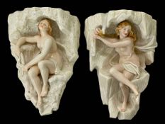 Pair (Worcester?) wall brackets with maidens in cave, 24cm high.