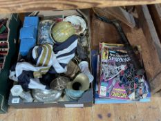 Tennis rack, comics, porcelain, metalwares, signed Newcastle United football shirt, etc.