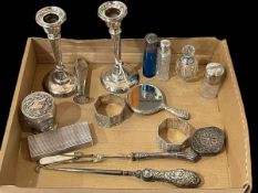 Mostly silver small items including pair candlesticks, scent bottles, etc.