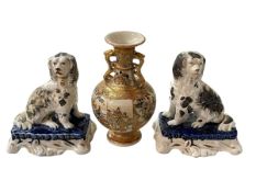 Pair small Staffordshire Spaniels and Satsuma vase (3).