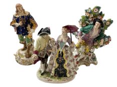 Three good Continental porcelain figures, Gallant and Maiden, Figure with Bocage and Soldier,