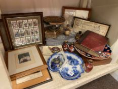 Imari dish, three Cloisonné vases and teapot, map prints, postcard album, cigarette cards,