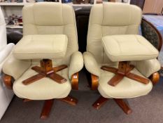 Pair ivory leather Stressless style swivel reclining chairs and footstools.