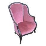 Carved French canape with serpentine front seat in rose pink draylon.