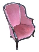 Carved French canape with serpentine front seat in rose pink draylon.