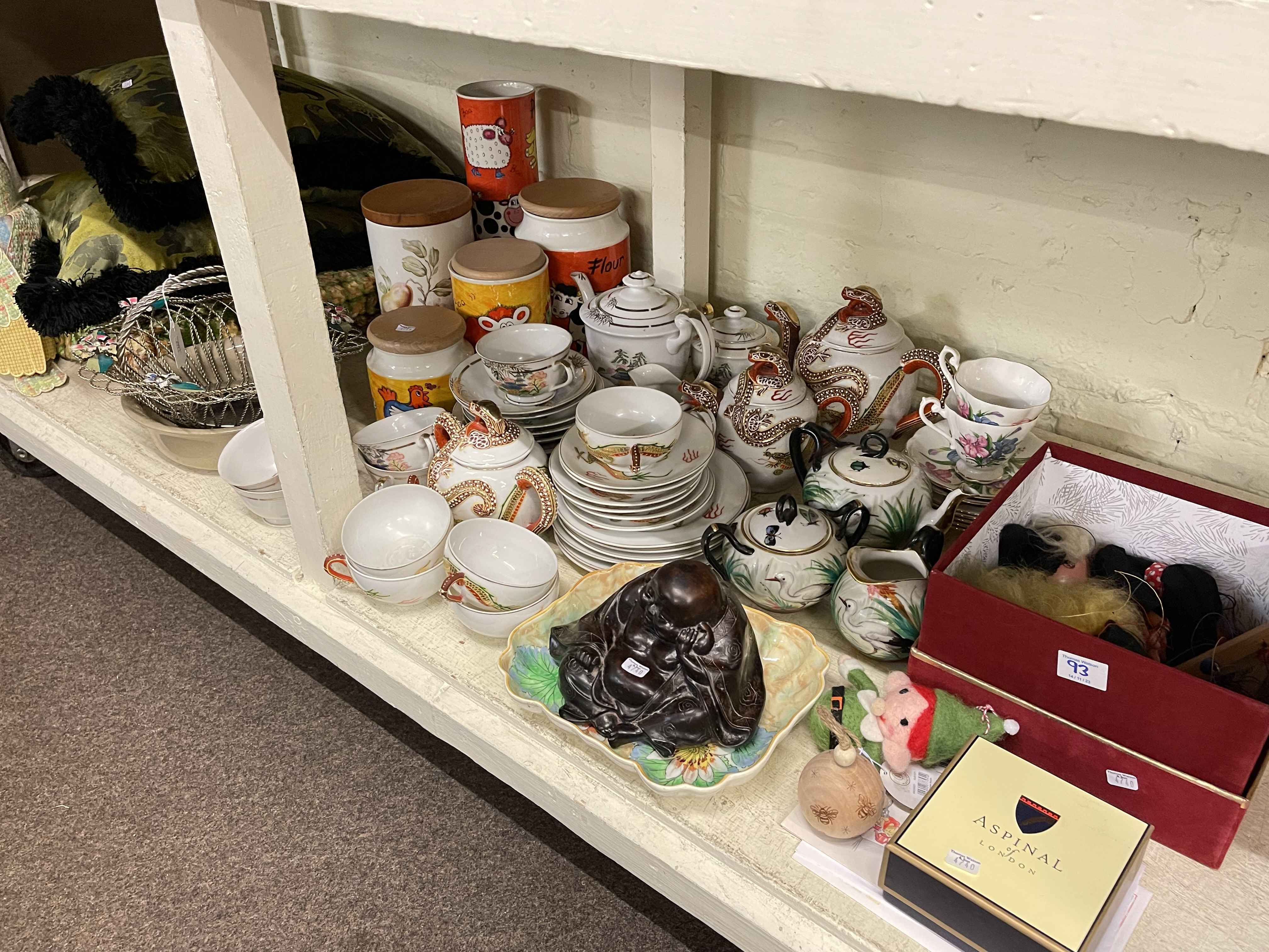 Oriental teawares, Pelham puppets, storage jars, cushions, etc.