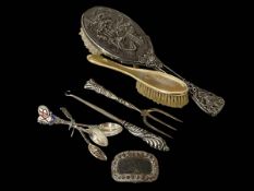 Small Asprey's silver gilt brush, embossed Danish silver brush, antique buckle and others.