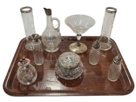 Silver mounted vase and toilet bottles, enamel scent bottle and a goblet (9).