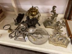 Pair of brass wall brackets, spirit kettle, wood buffalo and child, various metalwares.