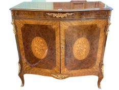 Continental style inlaid and gilt mounted two door serpentine front cabinet, 98cm by 101cm by 53.