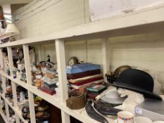 Full shelf of lamps, wall clocks, figurines, teawares, cutlery, ornaments, scales and weights,