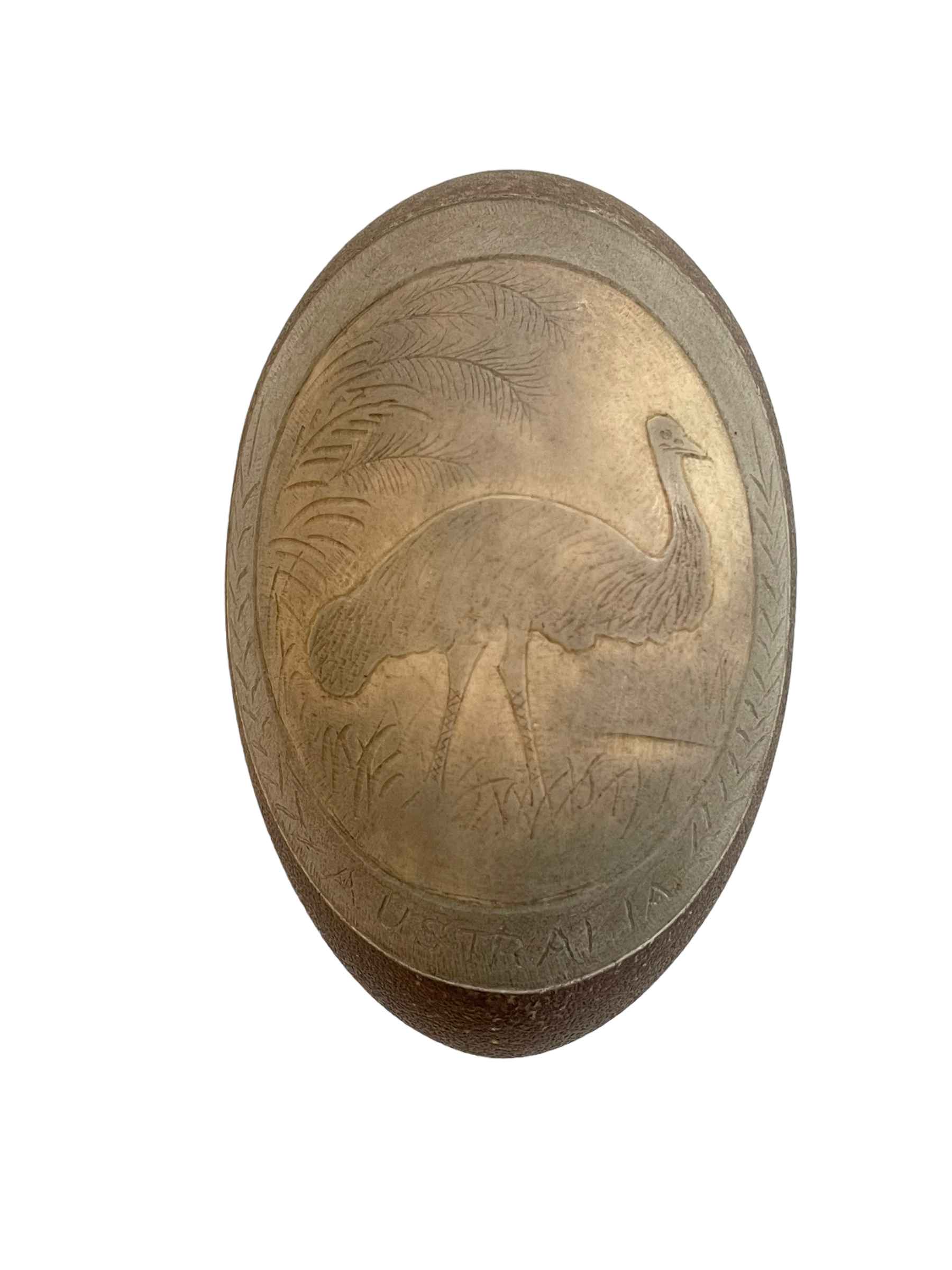 Aboriginal carved Emu egg with image of Emu.